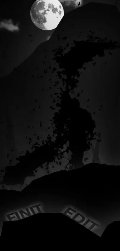 Silhouette beneath a full moon on a mountainous landscape wallpaper.