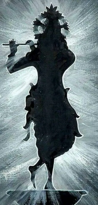 Mystical silhouette wallpaper on slate gray background with divine figure.