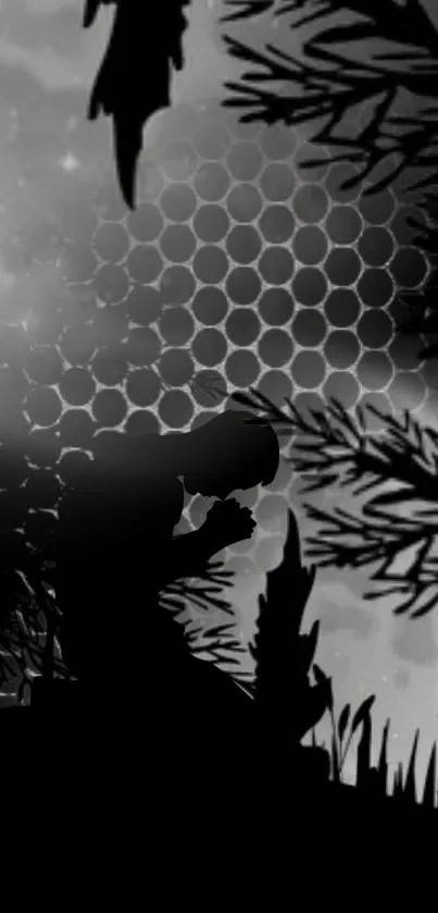 A mystical silhouette of a figure in nature with a honeycomb background.