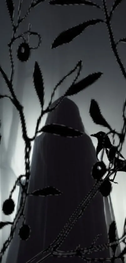 Mystical silhouette with dark foliage design on phone wallpaper.
