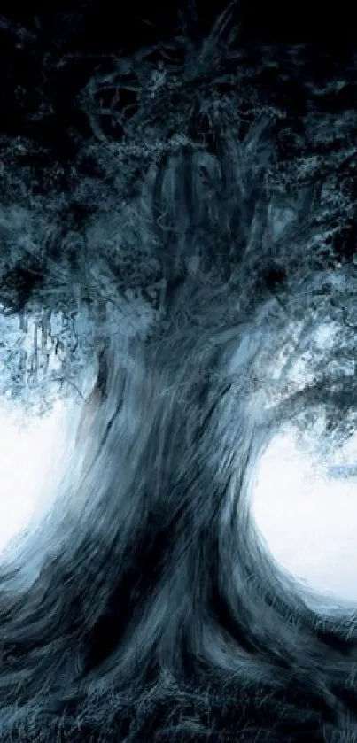 Mystical silhouette of a tree with dark blue tones on a phone wallpaper.