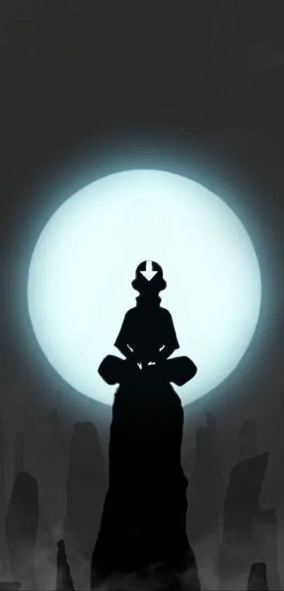 Silhouette meditating under a full moon in grayscale.