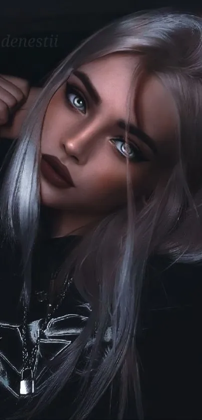 Portrait of individual with silver hair in a dark, mystical setting.