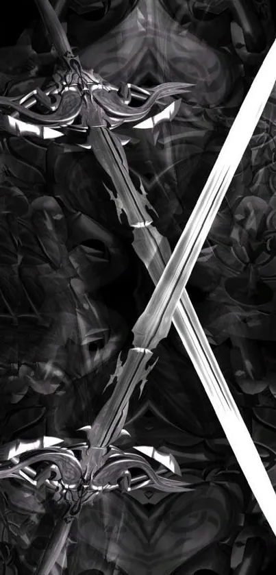 Mystical silver swords on black wallpaper.