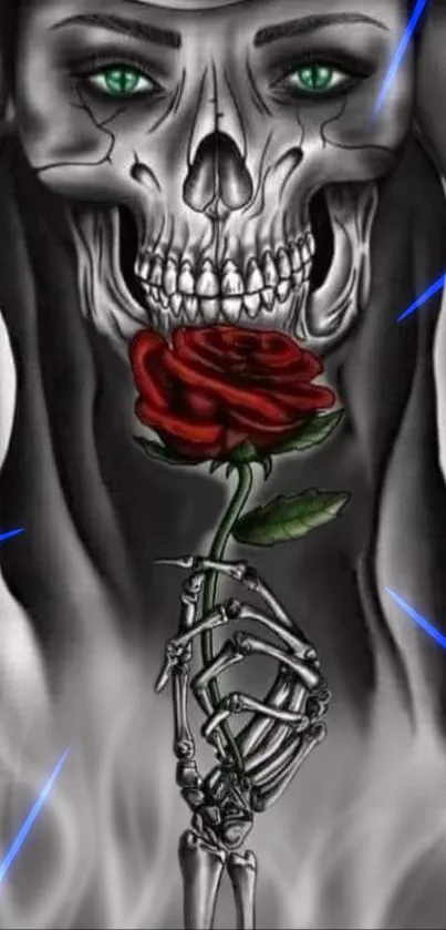 Skeleton with green eyes holding red rose in gothic art style.