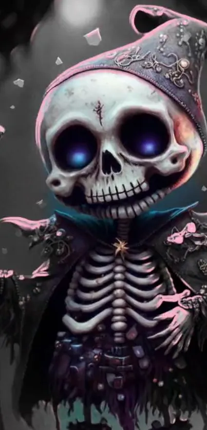 Whimsical mystical skeleton in dark robe, perfect for fantasy wallpaper.