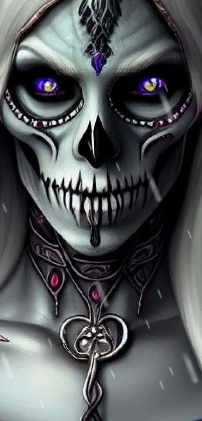 Mystical skeleton with glowing eyes on a mobile phone wallpaper.