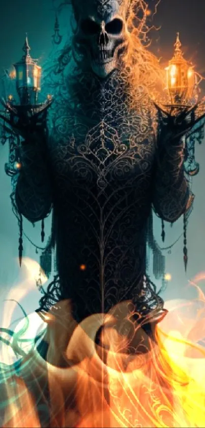 Mystical skeleton holding lanterns with colorful swirling design.