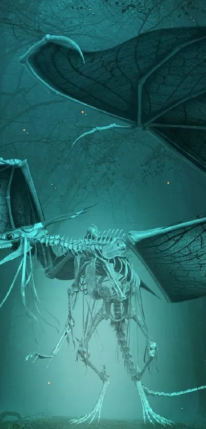 Skeletal dragon flying in a mystical teal forest.