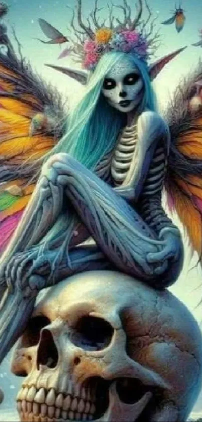 Mystical skeleton fairy sitting on a skull with vibrant wings.