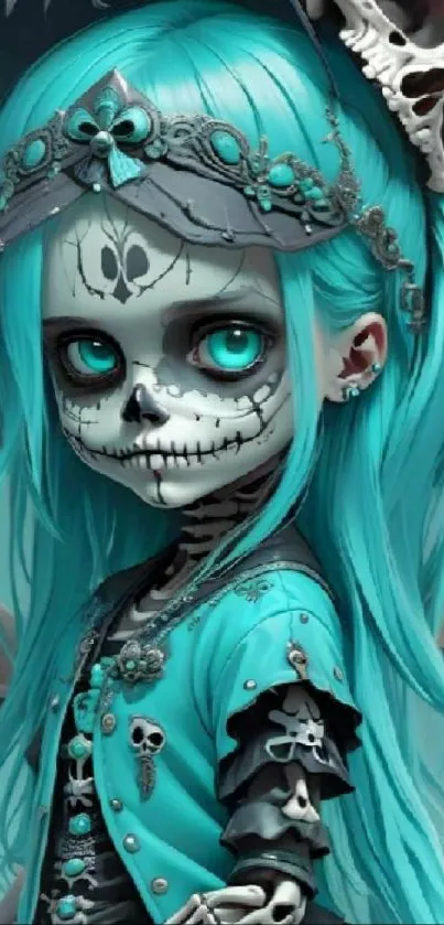 Vibrant gothic fantasy artwork with teal hues and skulls.