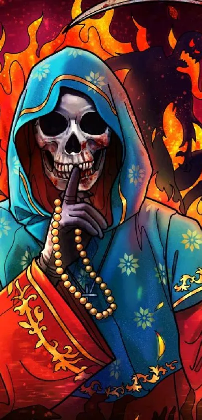 Mystical skeleton in blue and red, surrounded by vibrant flames.