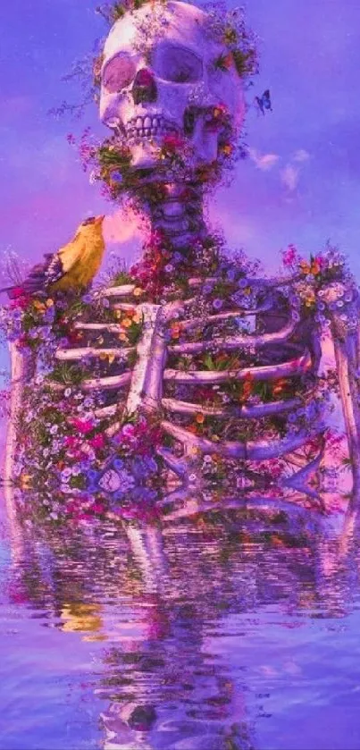 Skeleton with flowers reflecting in a dreamy purple water scene.