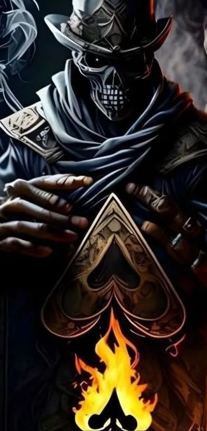 Mystical skeleton with flames and smoke wallpaper.