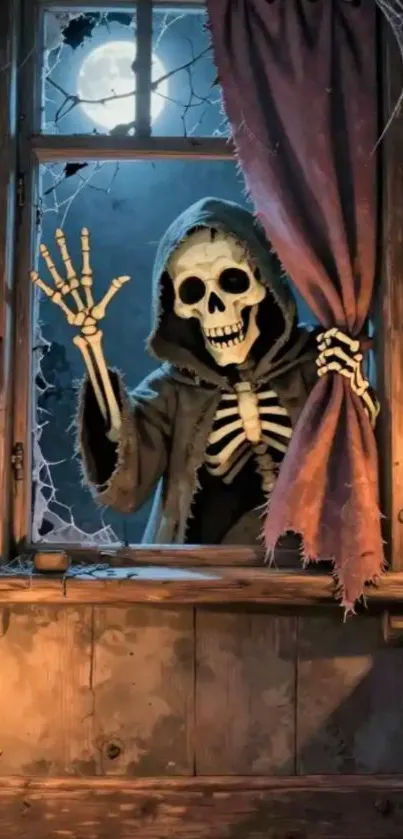 Skeleton in cloak peeking through window with candle light.