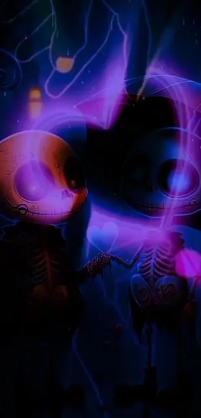 Neon skeletons in love under a mystical purple glow.