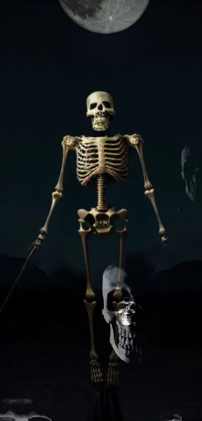 Skeleton standing under a moonlit sky, surrounded by darkness.