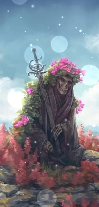 Skeleton with flowered staff stands on rocky terrain under a vivid blue sky.