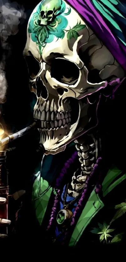 Artistic skeleton with mystical elements and vibrant colors, smoking.