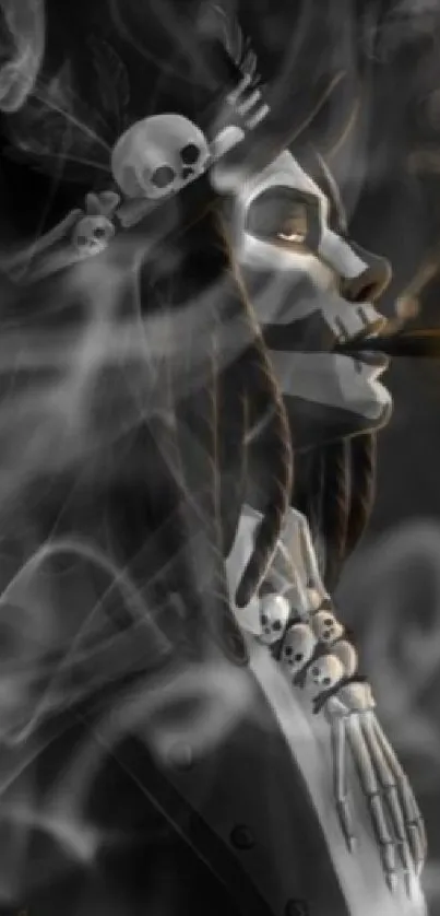 Mystical skeleton smoking in a top hat and dark outfit.