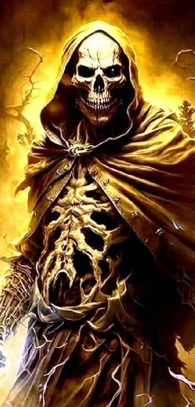 Eerie skeleton warrior with hood in mystical yellow-orange glow.