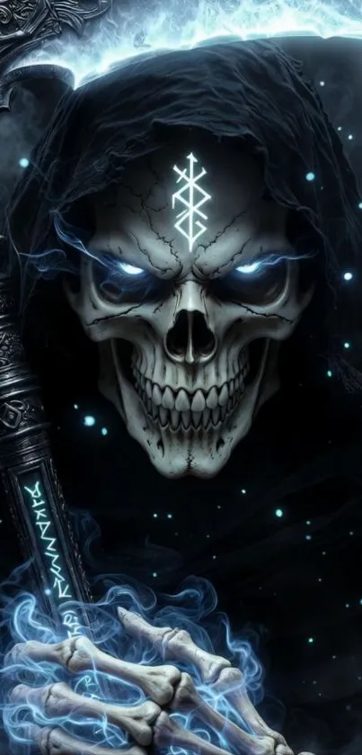 Mystical skeleton warrior with glowing runes and dark hues in fantasy artwork.