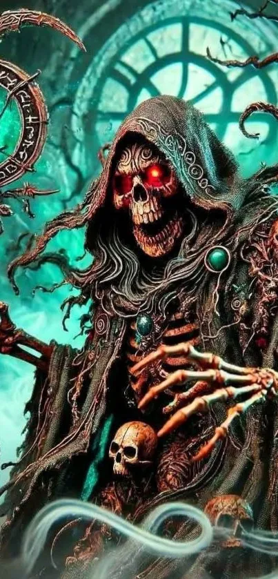 Mysterious skeleton wizard in fantasy art scene.