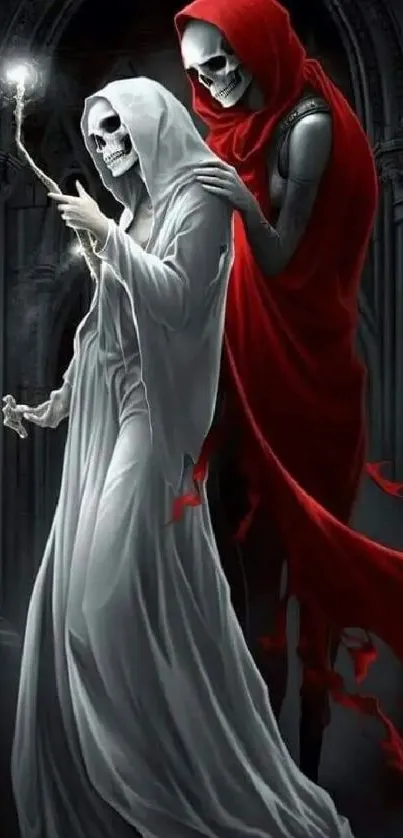 Mystical skeletons in red and white robes.