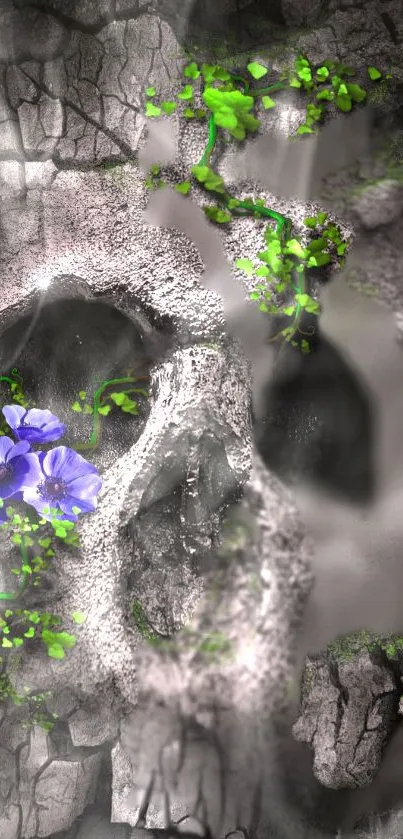 Skull with green leaves and purple flowers on textured stone background.