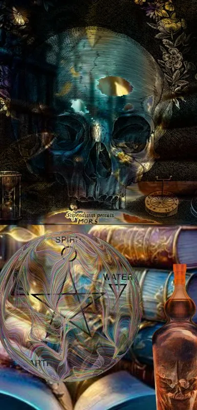 Mystical artwork with a skull and alchemy symbols on mobile wallpaper.