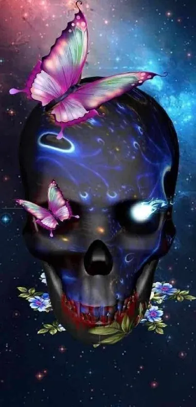 Mystical skull with butterflies in cosmic background.