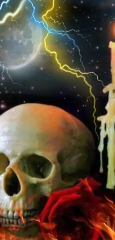 Dark mystical scene with skull, candle, and lightning.