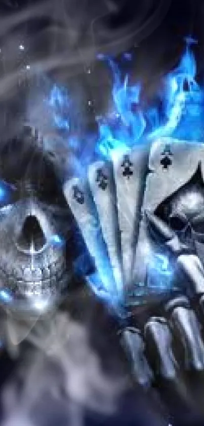 Skull with illuminated playing cards in dark blue tones.