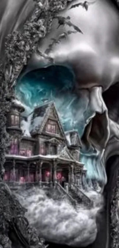 Mystical skull with a spooky house in eerie artwork.