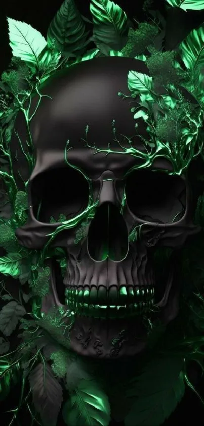 Dark skull with glowing green leaves, creating a mystical and gothic phone wallpaper.