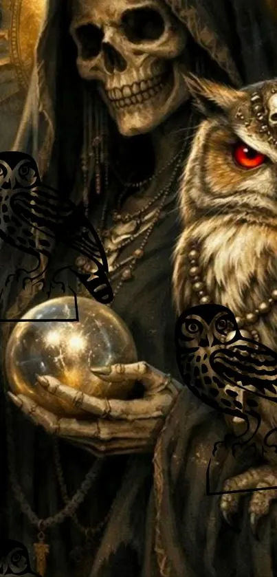Mystical skull figure with owl and crystal ball artwork.