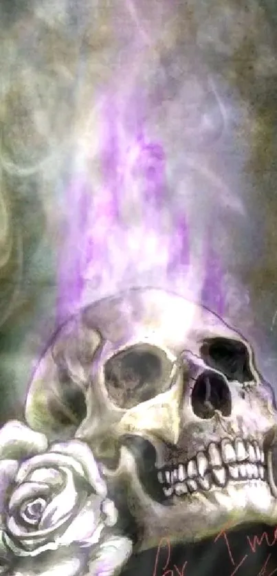 Skull with a rose and purple flames in gothic art style.