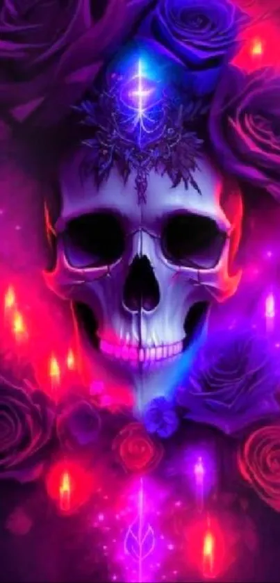 Mystical purple skull with roses wallpaper.