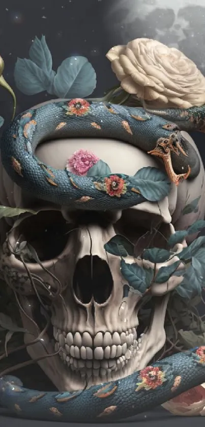 Skull with roses and serpent under moonlight on dark wallpaper.