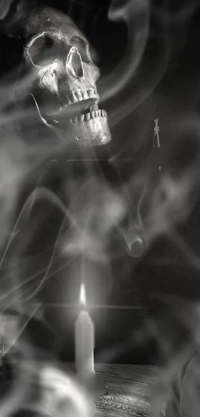 Skull surrounded by swirling smoke with a candle, creating a mystical ambiance.