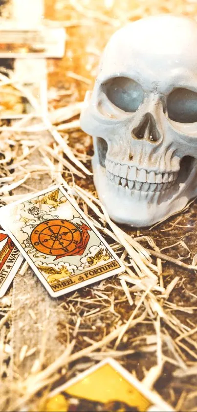 Decorative skull and tarot cards on textured background.