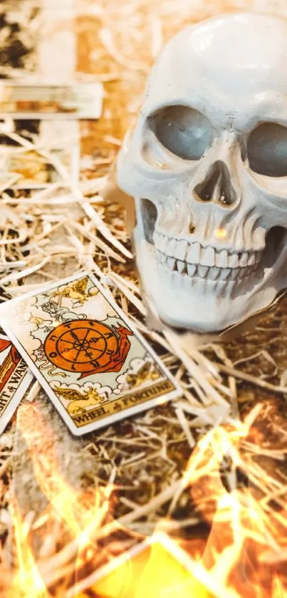 Mobile wallpaper with a skull and tarot cards on a mystical background.