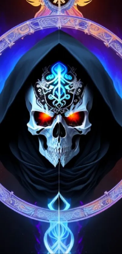 Mystical skull art with glowing colors and symbols for mobile wallpaper.