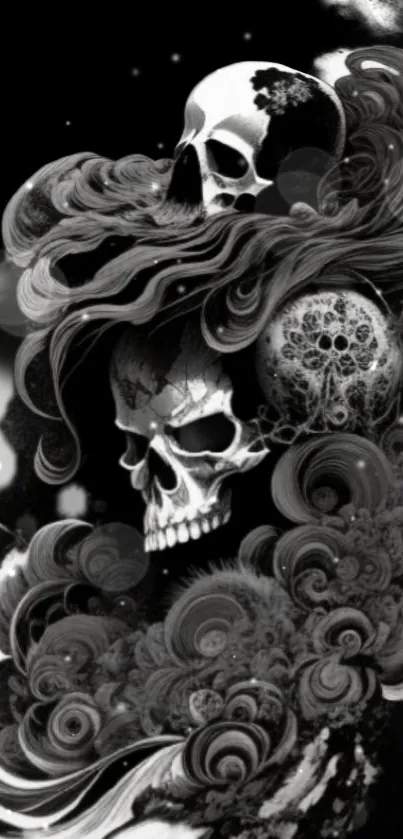 Monochromatic mystical skull design with swirls in a digital art style.