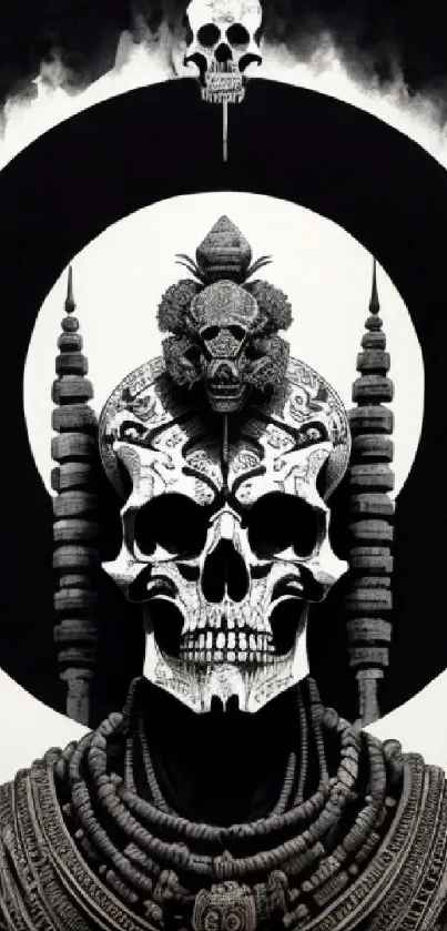 Intricate black and white mystical skull art wallpaper.