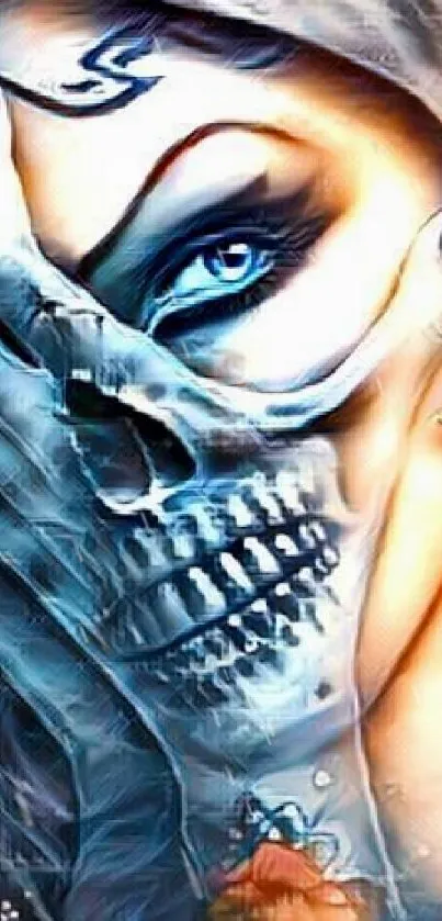 Mystical skull art with a blue, enigmatic face design for a mobile wallpaper.