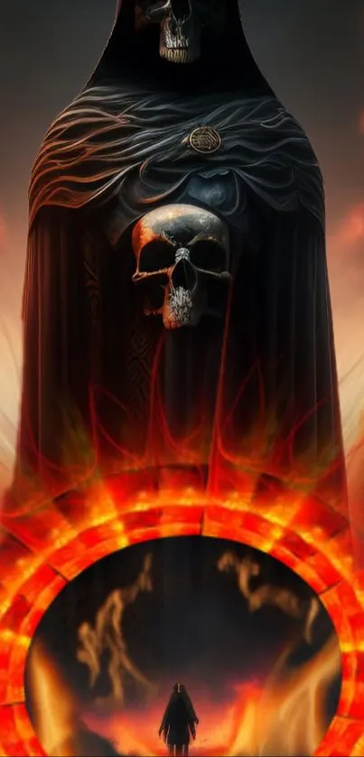 Mystical skull artwork with fiery hues and dark shadows.