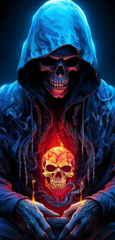 Hooded figure with fiery skull and blue color scheme.