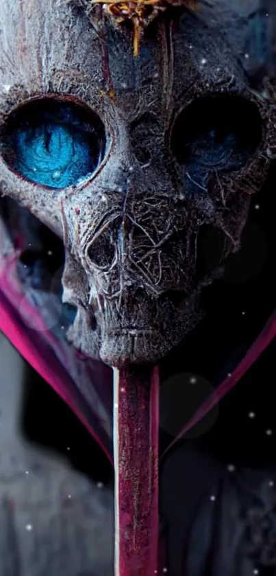 Mystical skull art with blue eyes and intricate texture on a dark background.