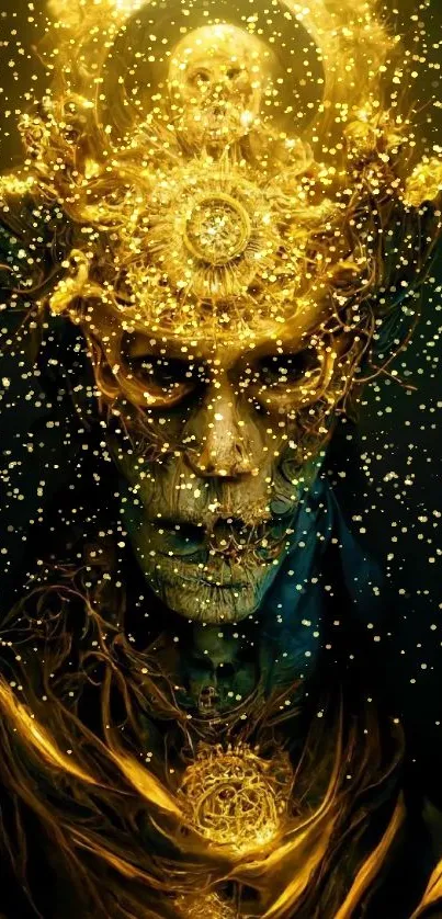 Golden abstract skull art with intricate details.